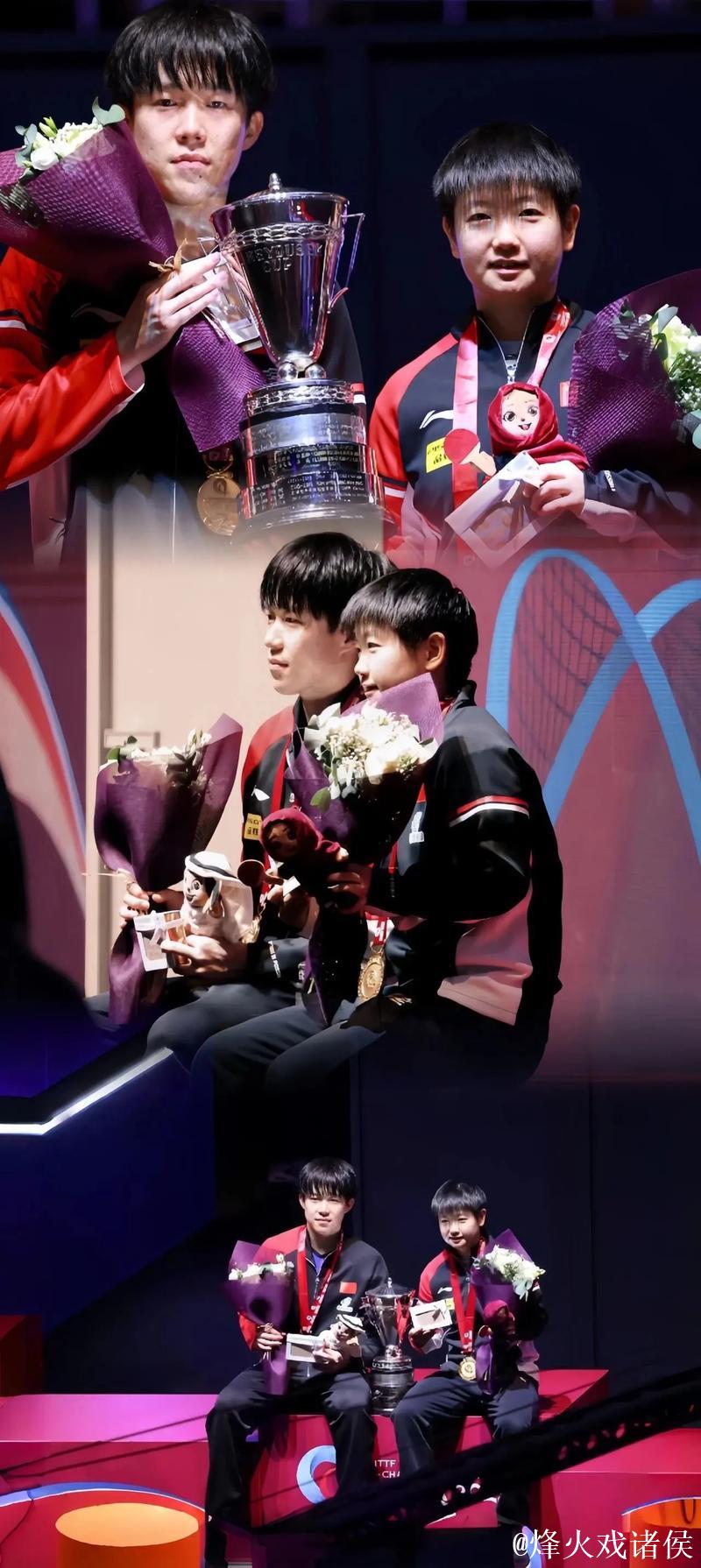 晚上还有赛事，王楚钦与孙颖莎在比赛暂停时讨论战术。